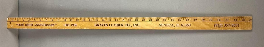 1986 Grave Lumber Co Seneca Illinois Yardstick: Has wear with age. Measures H 1 3/4 x W 36 x D 1/4 inches.