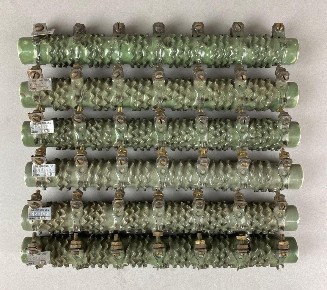 Group of Vintage Westinghouse Ceramic Resistors: Largest measures H 1 3/4 x W 1 x D 10 inches.