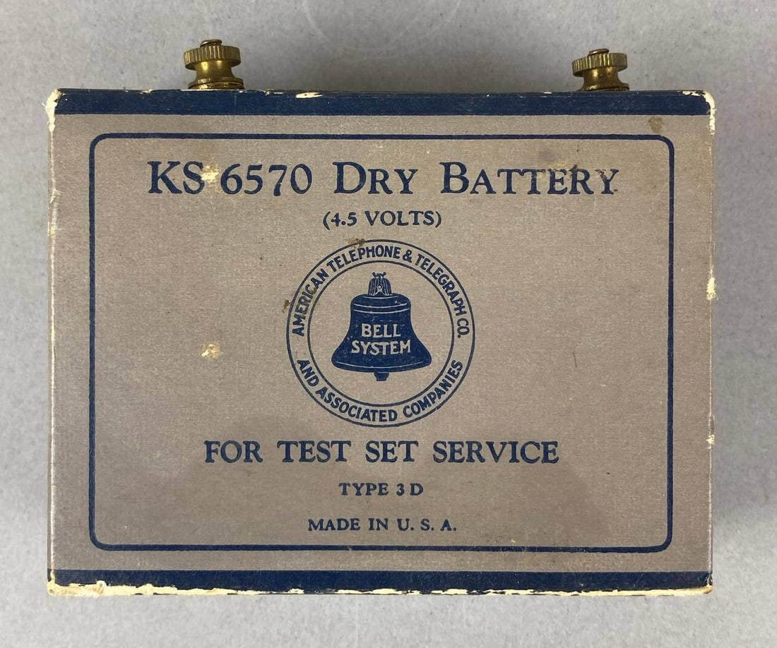 1960 Bell System Type 3 D Telephone Dry Cell Battery: Untested. Packaging has moisture damage. Measures H 3 1/2 x W 4 x D 1 1/2 inches.
