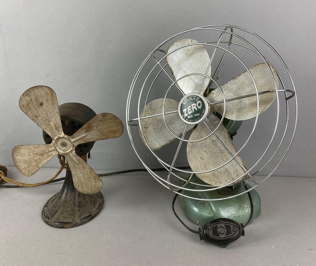 Group of 2 Vintage Fans: Untested. Largest measures H 13 x W 12 x D 8 inches.