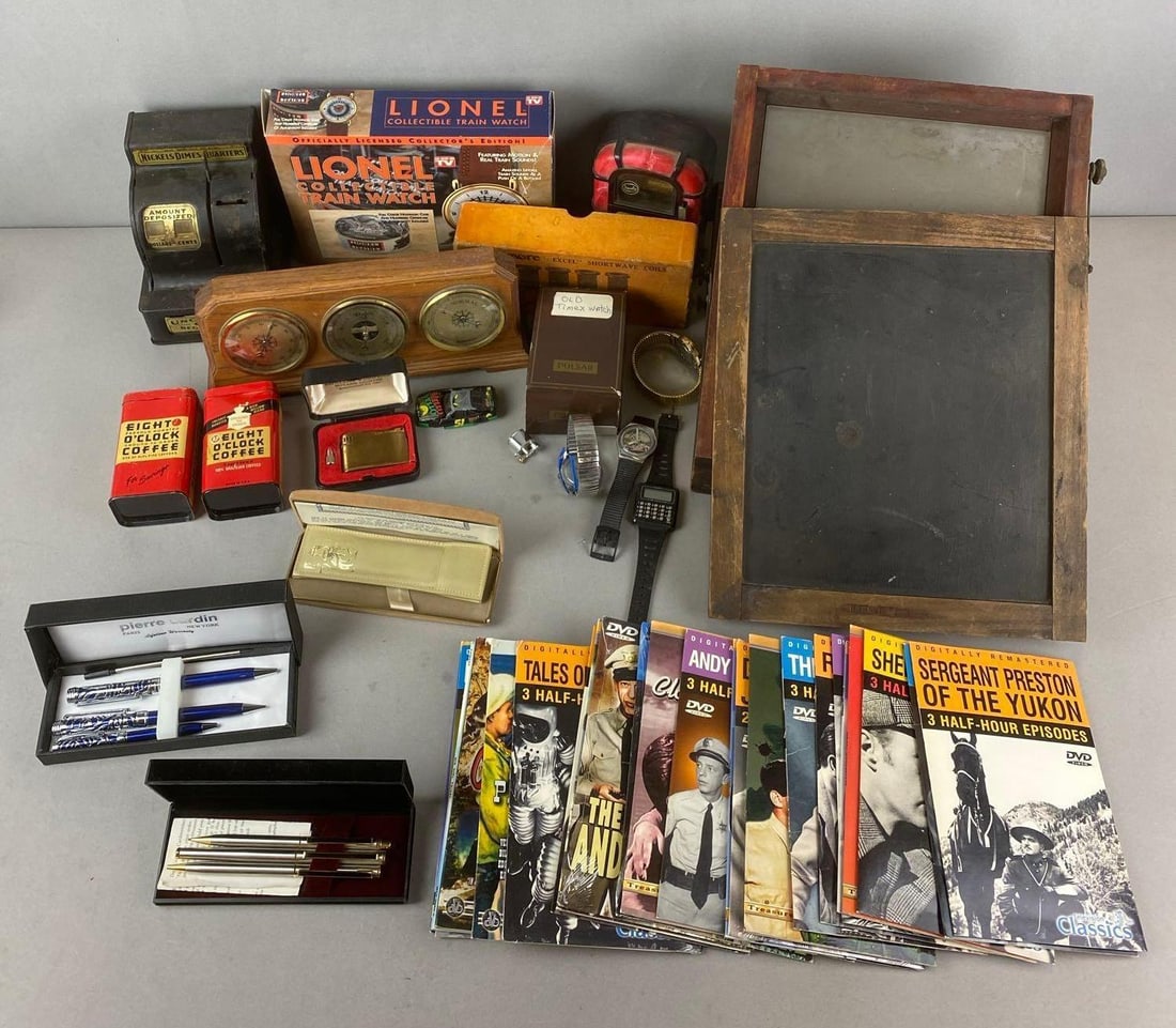 Group of Assorted Items: Includes Antique ROG retouching desk, DVDs, Antique Philmore Excel Shortwave Coils and more. Largest item measures H 3 1/2 x W 12 x D 10 1/2 inches