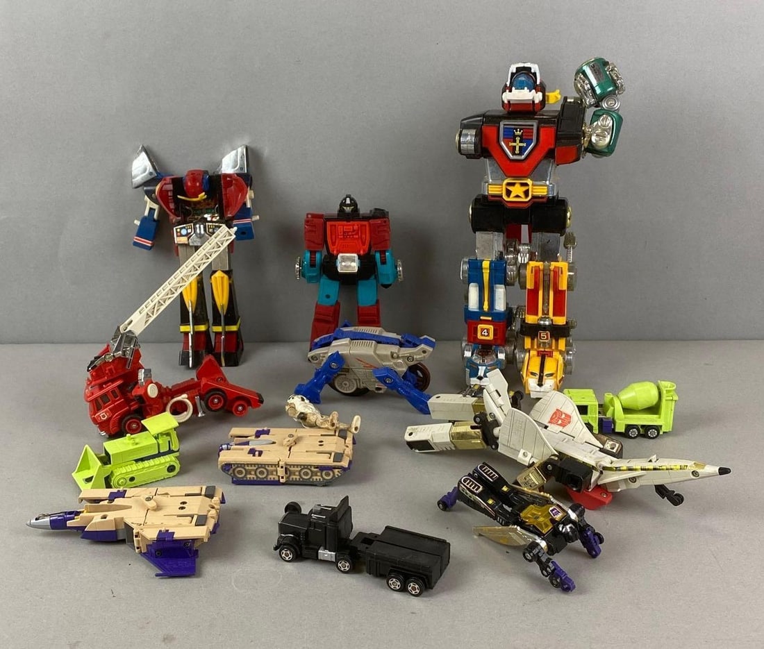 Group of Transformable Toys and More: Includes a stormtrooper, Blitzwing, bonecrusher and more. Largest measures H 12 x W 5 1/4 x D 4 inches.