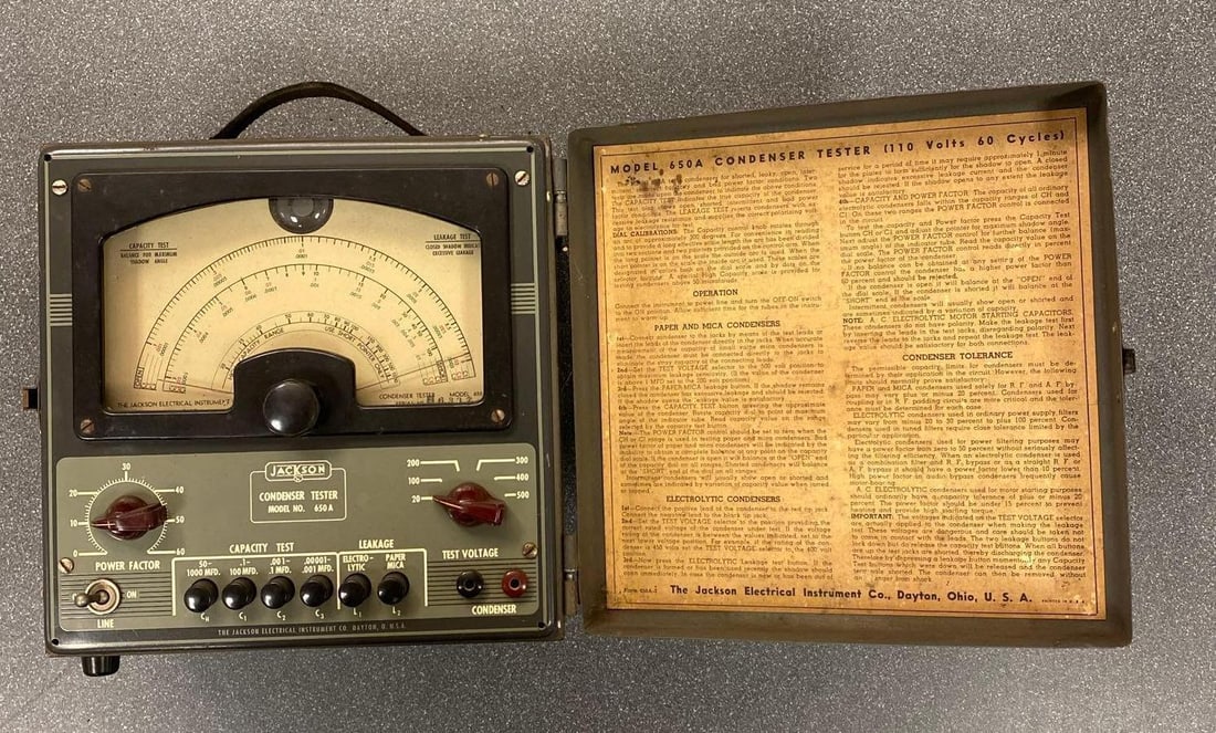 Vintage Jackson Condenser Tester: Model No 650 A. Untested. Measures H 9 1/4 x W 8 1/2 x D 6 1/4inches.