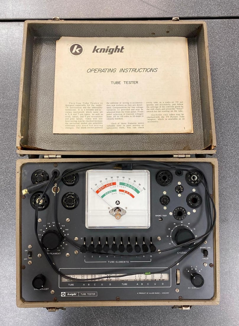 Vintage Knight Tube Tester: Untested. Lid corners have become damaged Includes instructions. Case measures H 11 x W 14 1/2 x D 7 inches.