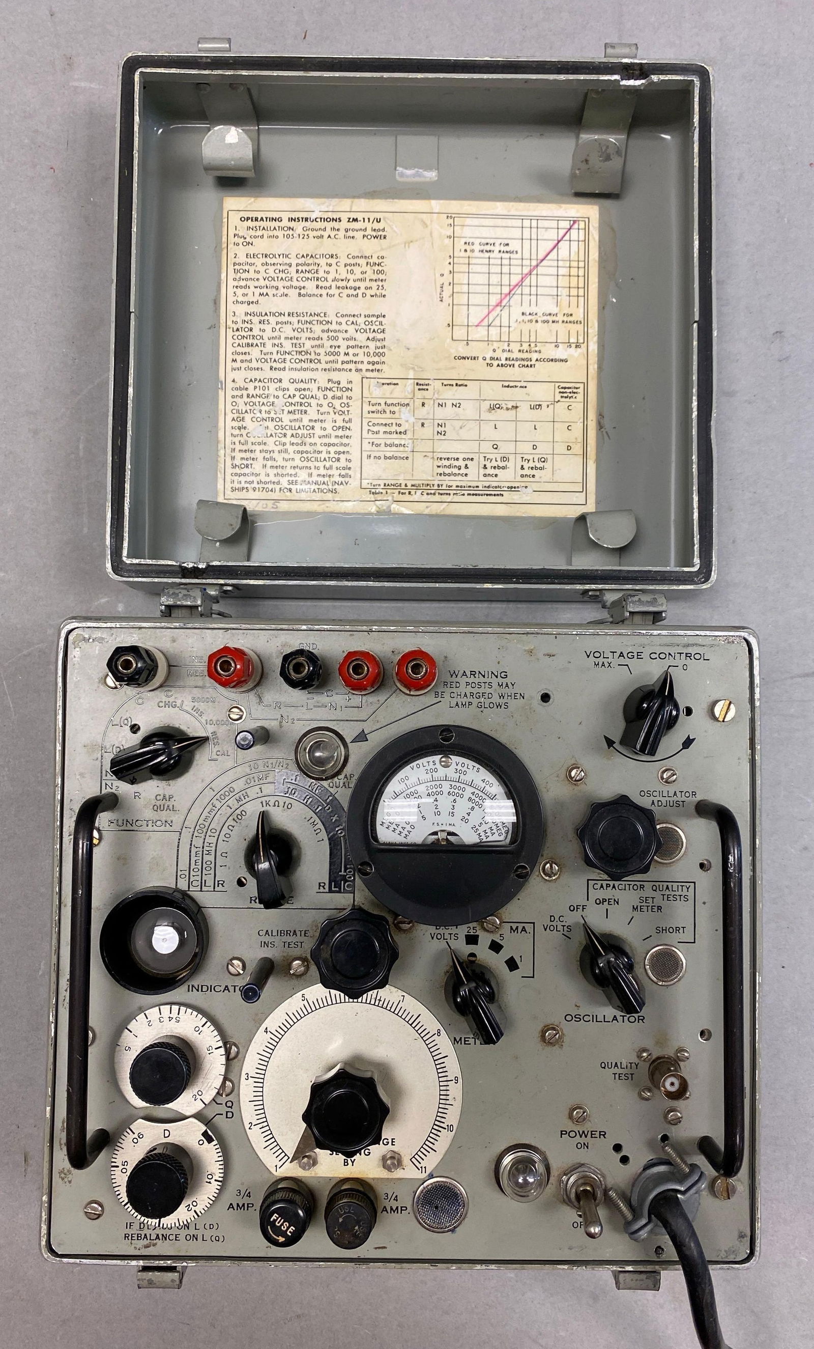 Crescent ZM-11A/U LCR Bridge: Powers on, measures 6 1/2” H x 10” W x 9” D