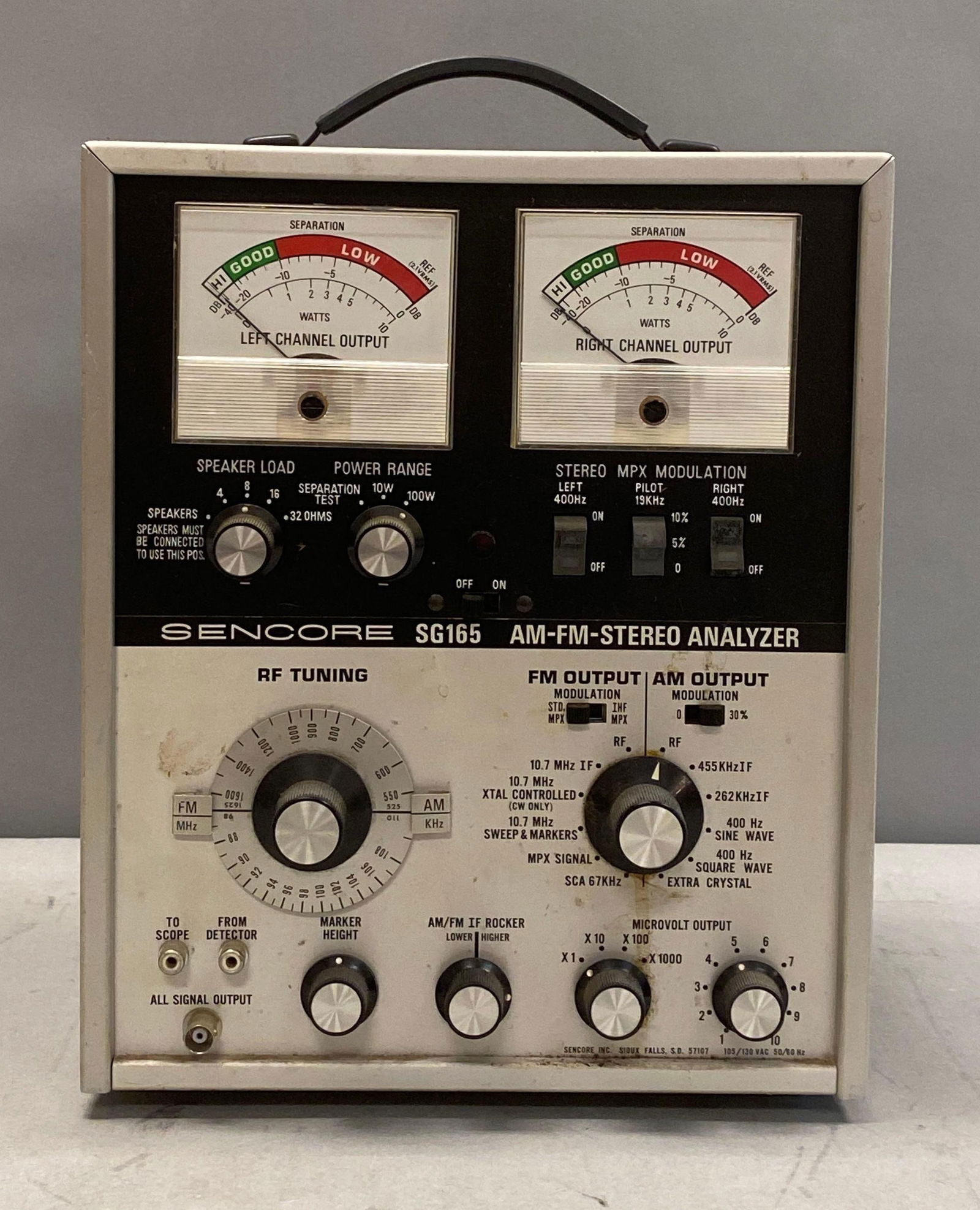 Sencore SG165 AM/FM Stereo Analyzer: powers on, measures 13” H x 10” W x 8 1/2” D