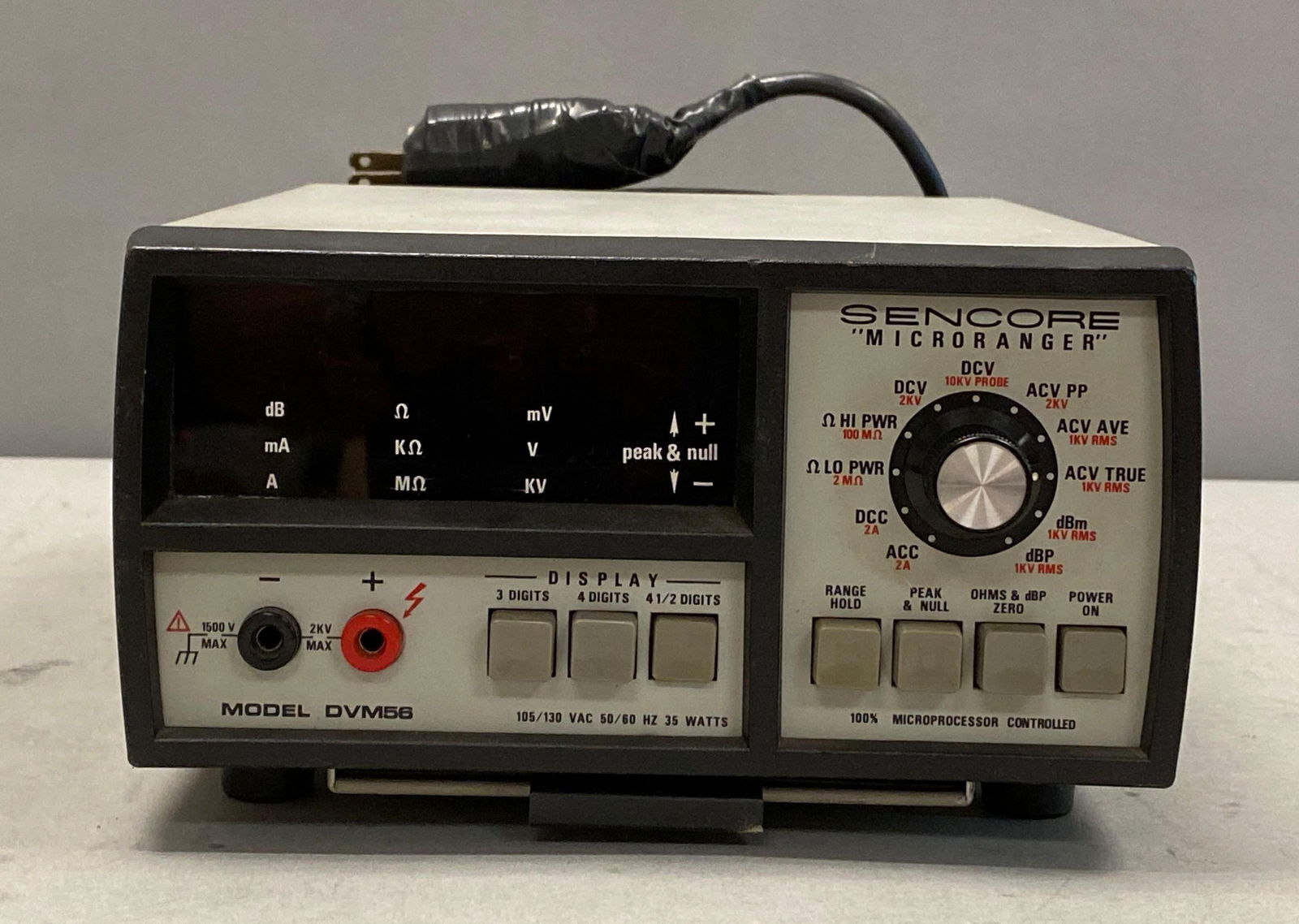 Sencore Model DVM56 Microranger: Powers on, plug repaired previously, measures 4 1/2” H x 8 1/2” W x 12” D