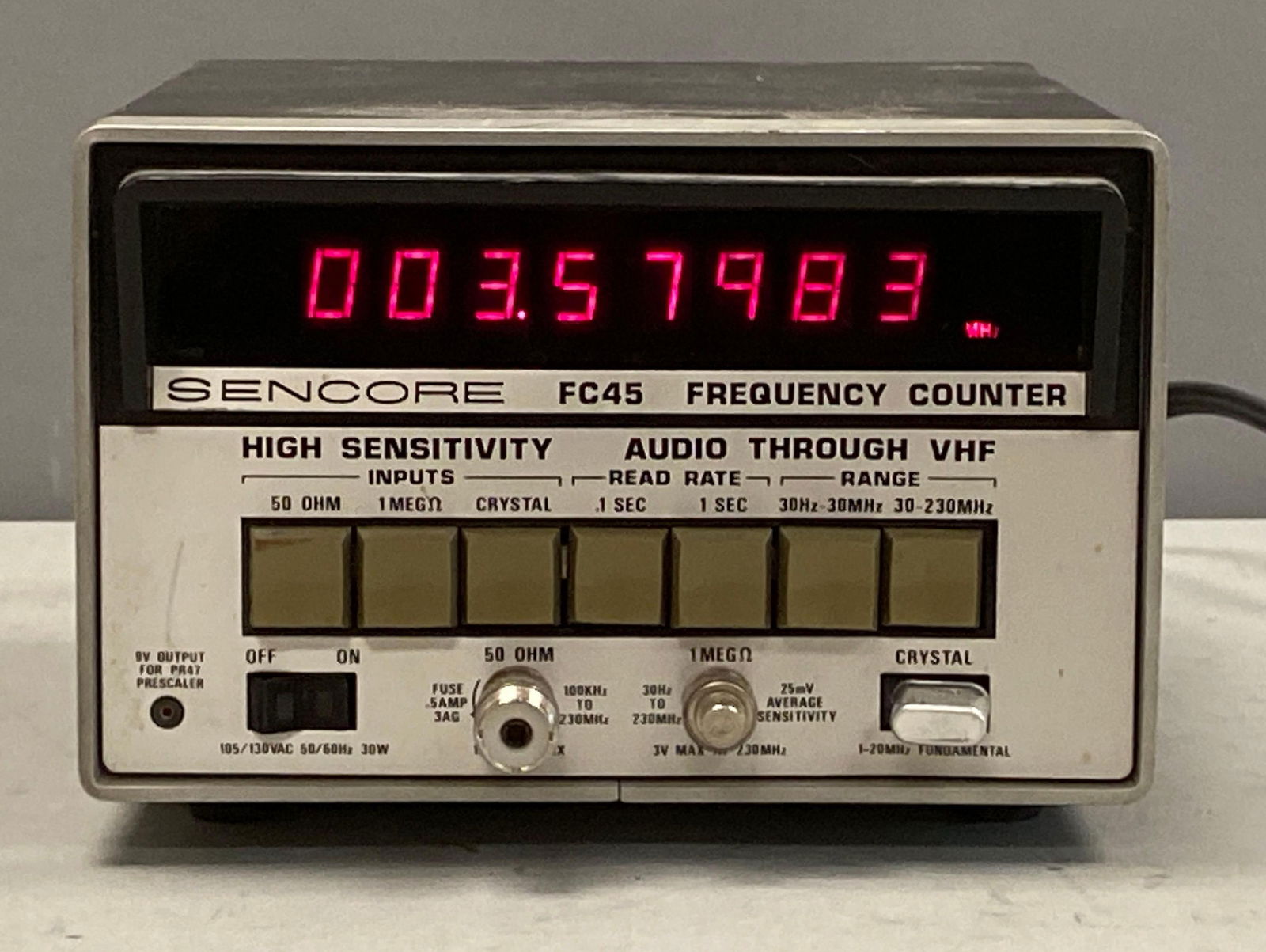 Sencore Model FC45 Frequency Counter: in working condition, measures 5 1/2” H x 8 1/2” W x 12” D