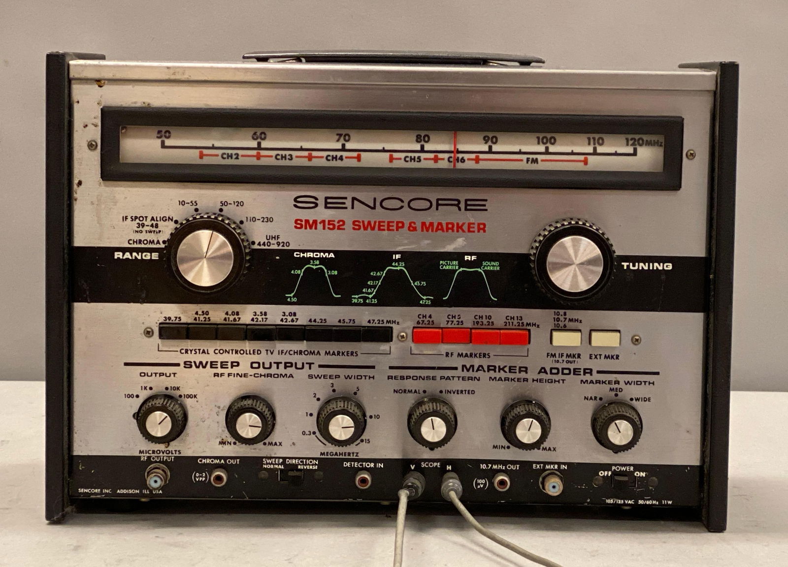 Sencore Model SM152 Sweep and Marker: Powers on, measures 10” H x 14” W x 7” D