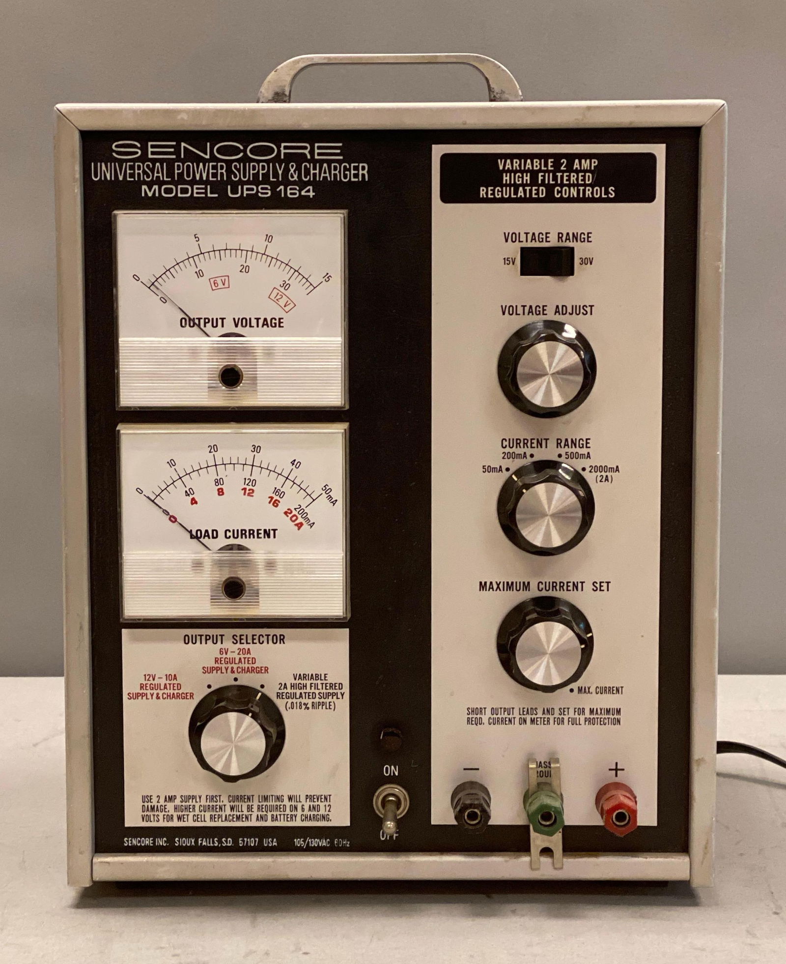 Sencore UPS 164 Universal Power Supply and Charger: Powers on, measures 13 1/2” H x 10” W x 9” D
