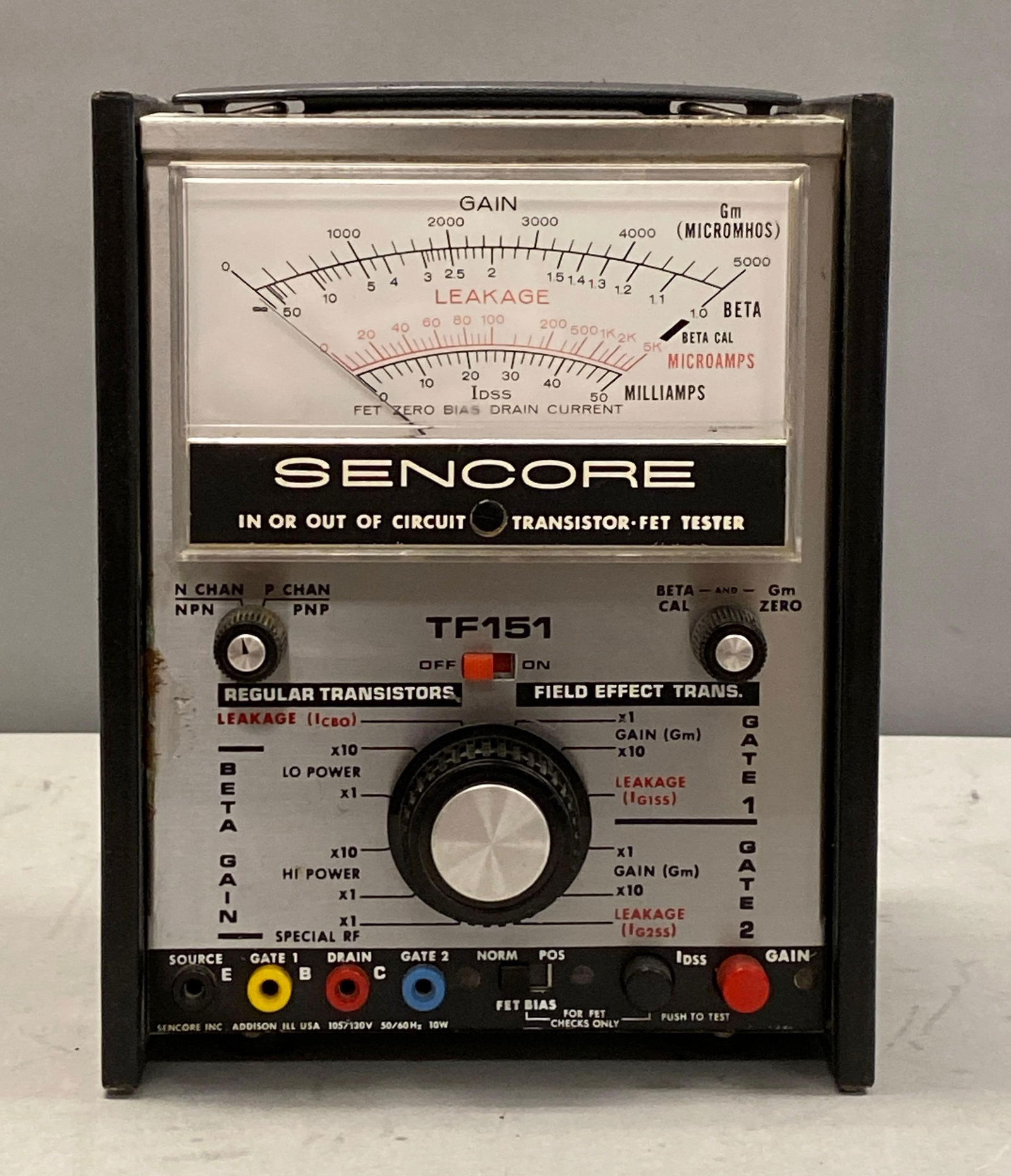 Sencore TF151 Transistor-FET Tester: Powers on, measures 10” H x 7 1/2” W x 8” D