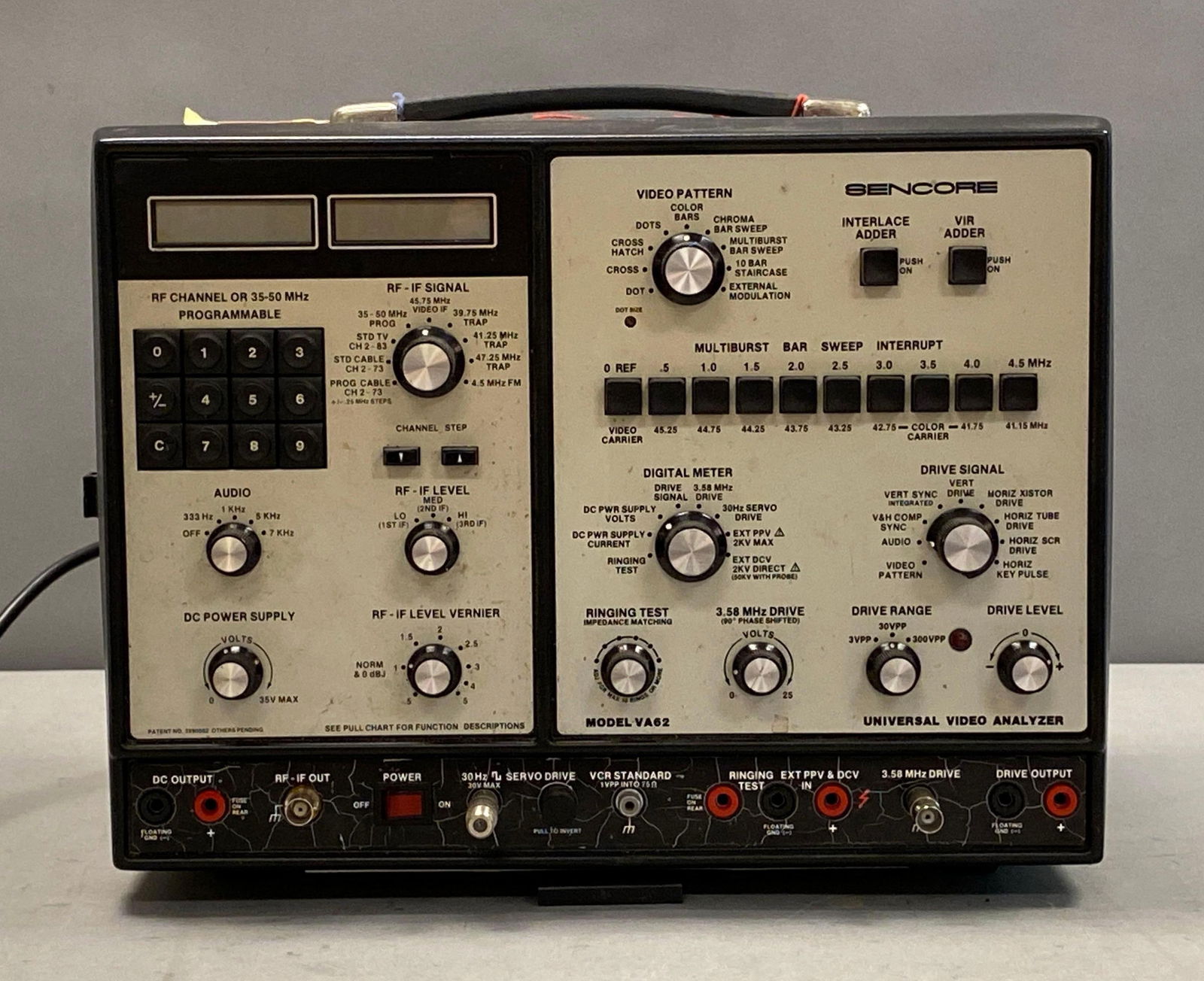 Sencore Model VA62 Universal Video Analyzer: Powers on, measures 12” H x 14” W x 11” D