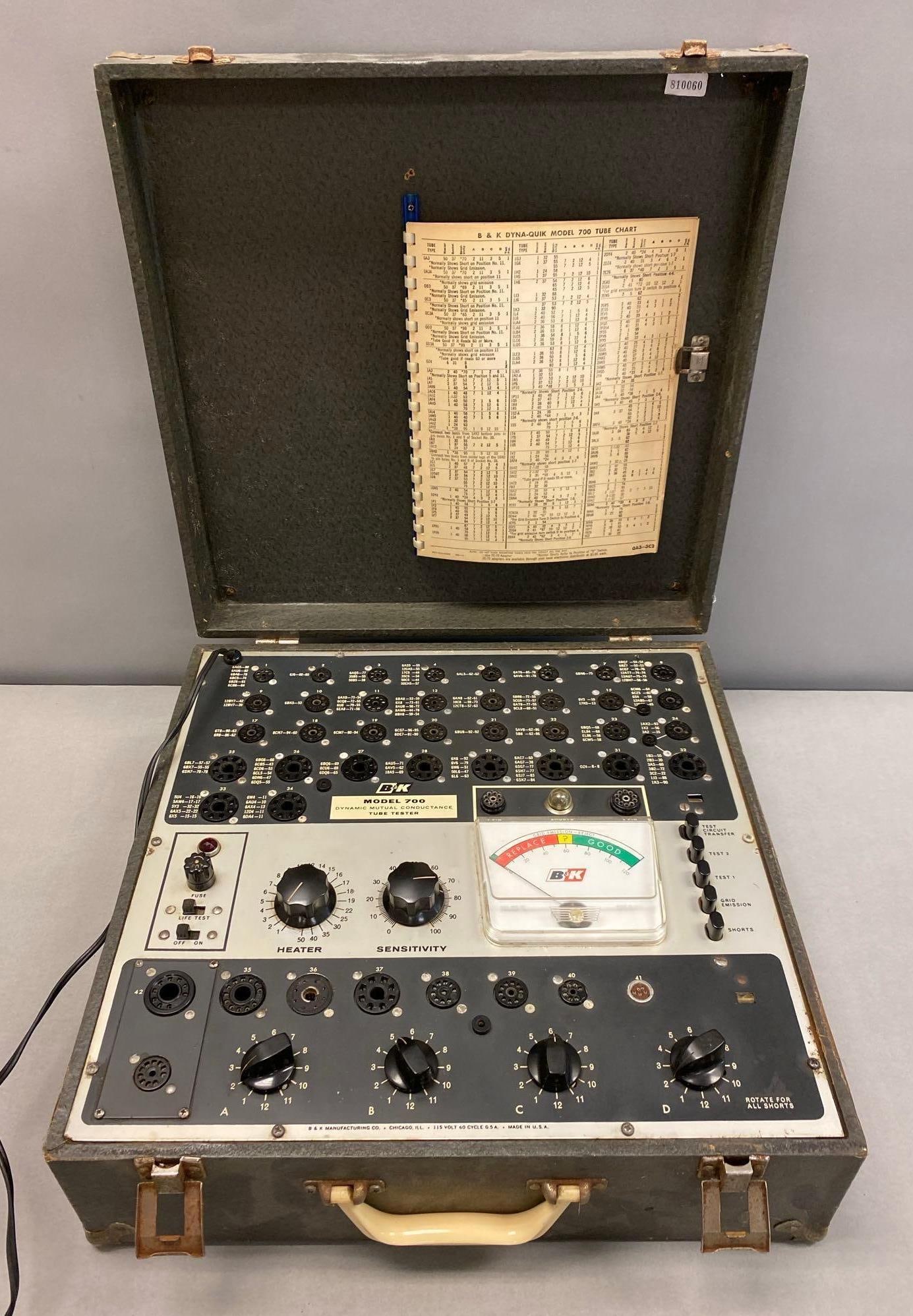 B and K Model 700 Dynamic Mutual Conductance Tub Tester: Powers on, wear shown on case, measures 6 1/2” H x 16” W x 16” D