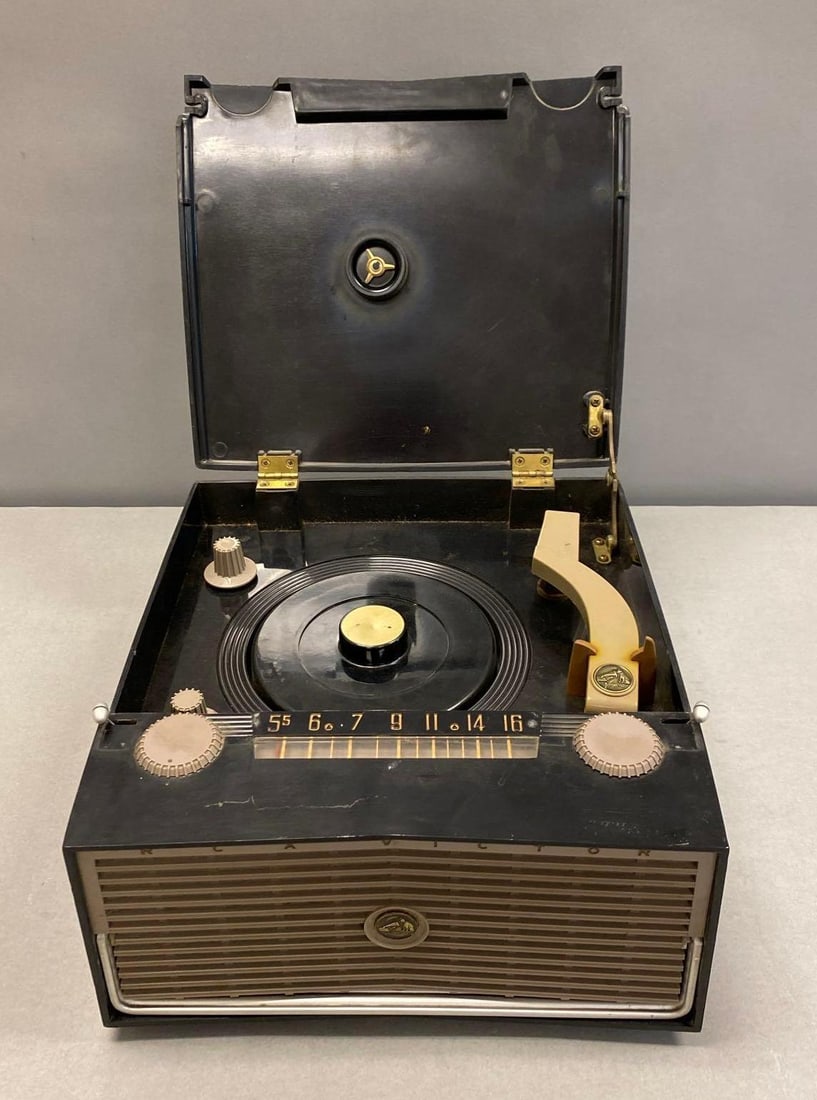 RCA Victor His Masters Voice Portable Radio: untested, missing power cable, measures 6” H x 11” W x 11 3/4” D