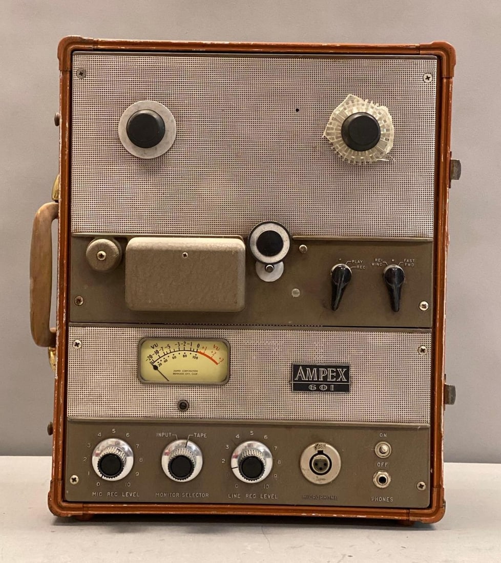 Ampex 601 Magnetic Tape Recorder: Untested, original power cord shows splits, measures 8” H x 16 1/2” W x 14” D