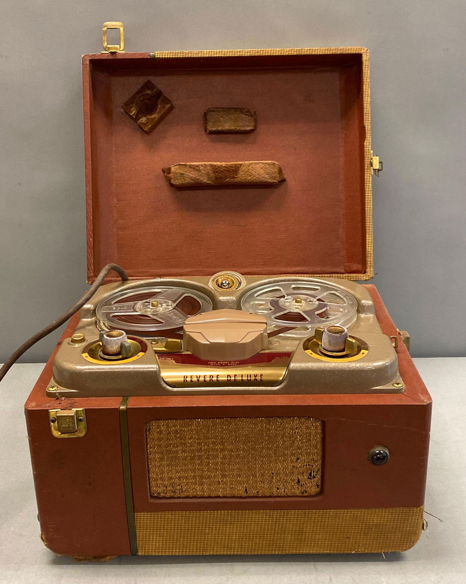 Revere Portable Magnetic Tape Recorder: Powers on, measures 9” H x 14” w x 12” D