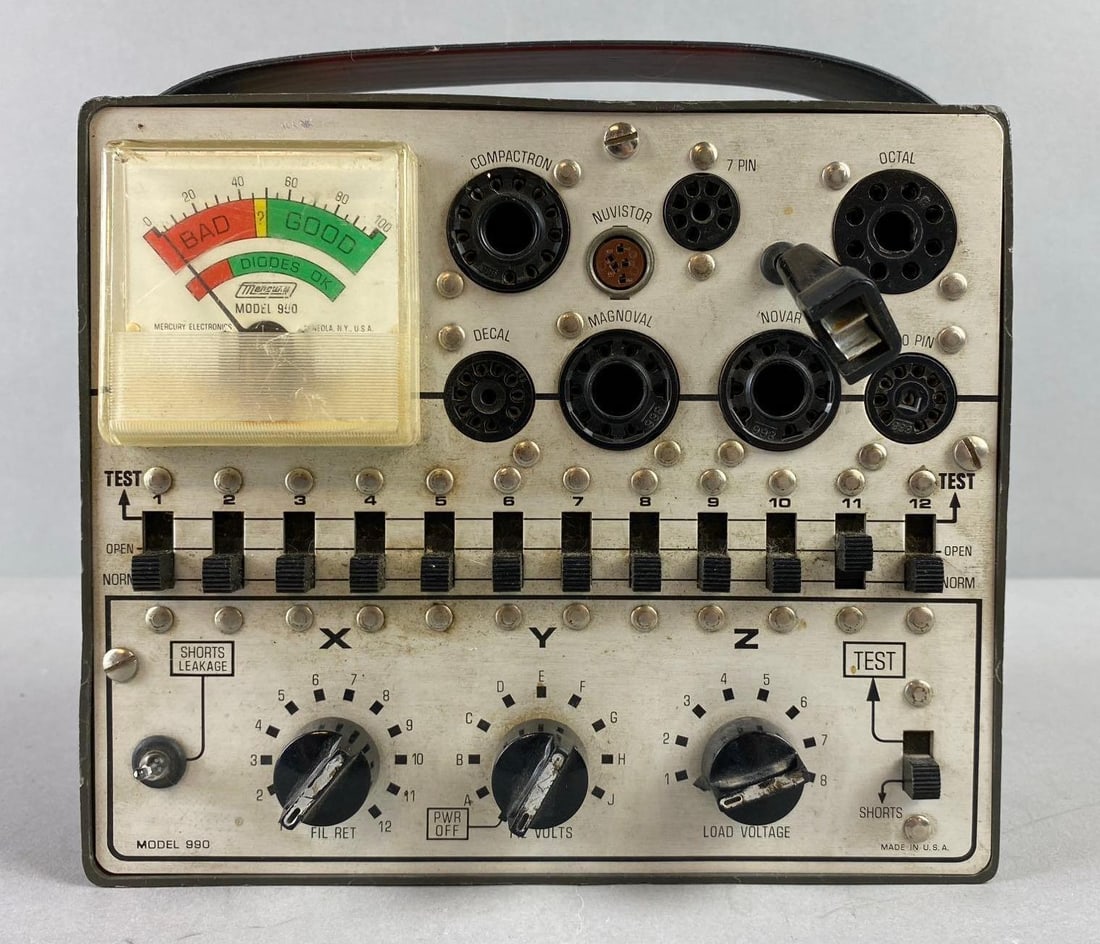 1968 Mercury Tube Tester: Powers on. Measures H 3 x W 6 1/2 x L 7 1/2 inches.