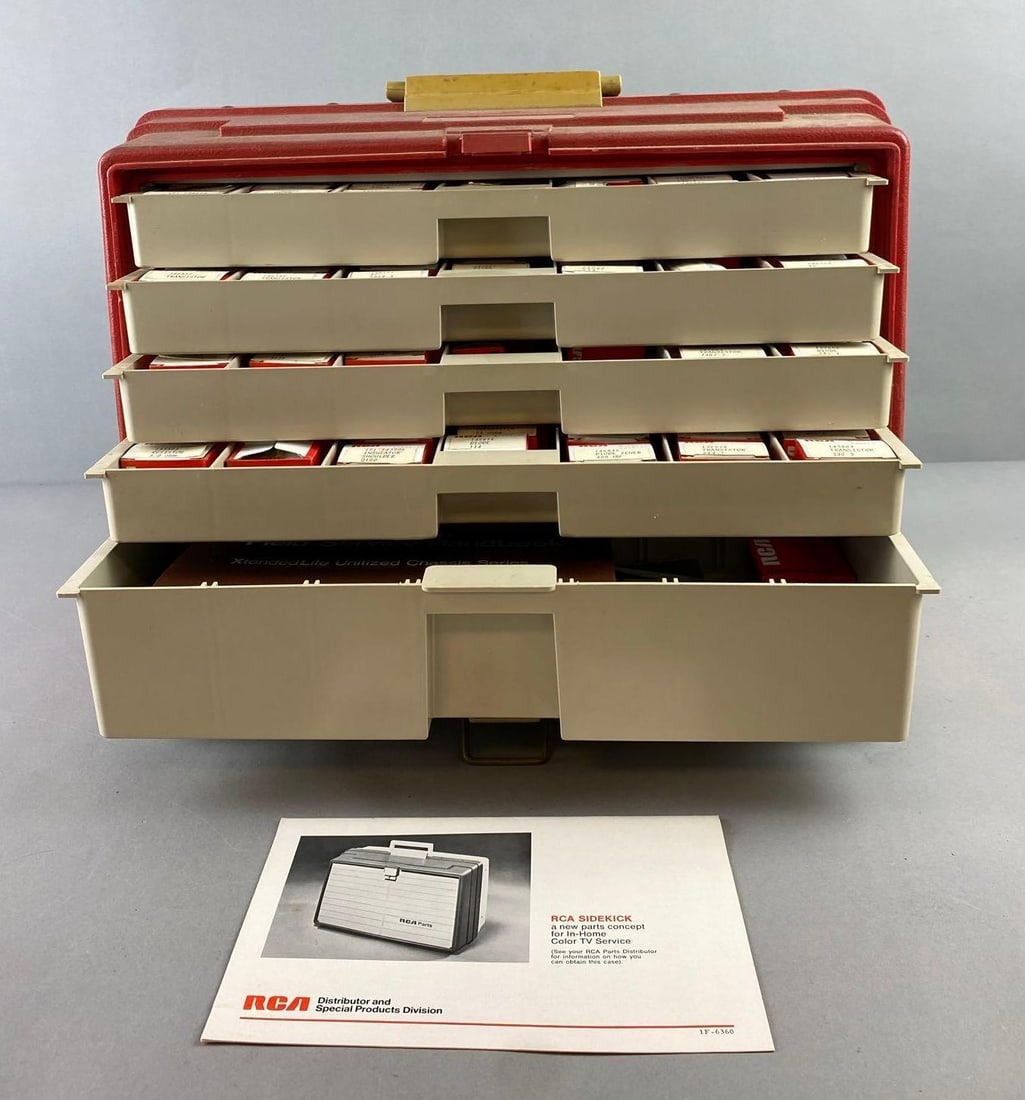 RCA Parts Sidekick Caddy with Accessories: Filled with RCA transistor, diode, resistor, and more. Measures H 14 x W9 x L 18 inches.