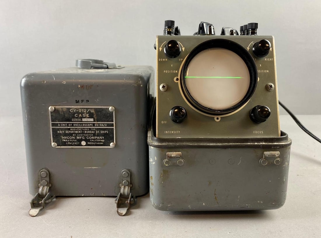 U.S. Navy Hycon MFG. Oscilloscope: Powers on. Measures H 9 1/2 x W 6 x L 14 inches.
