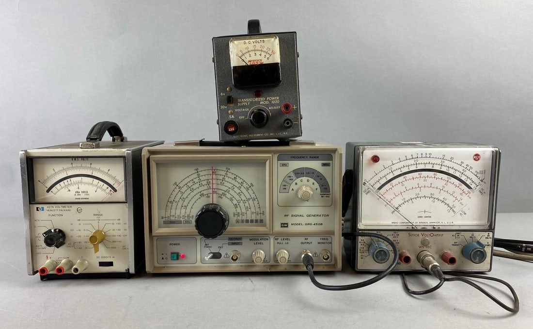 Group of 4 Voltmeters and More: Includes HP Voltmeter, Eico, and more. All power on. Largest measures H 6 1/2 x W 5 1/2 x L 9 1/2 inches.