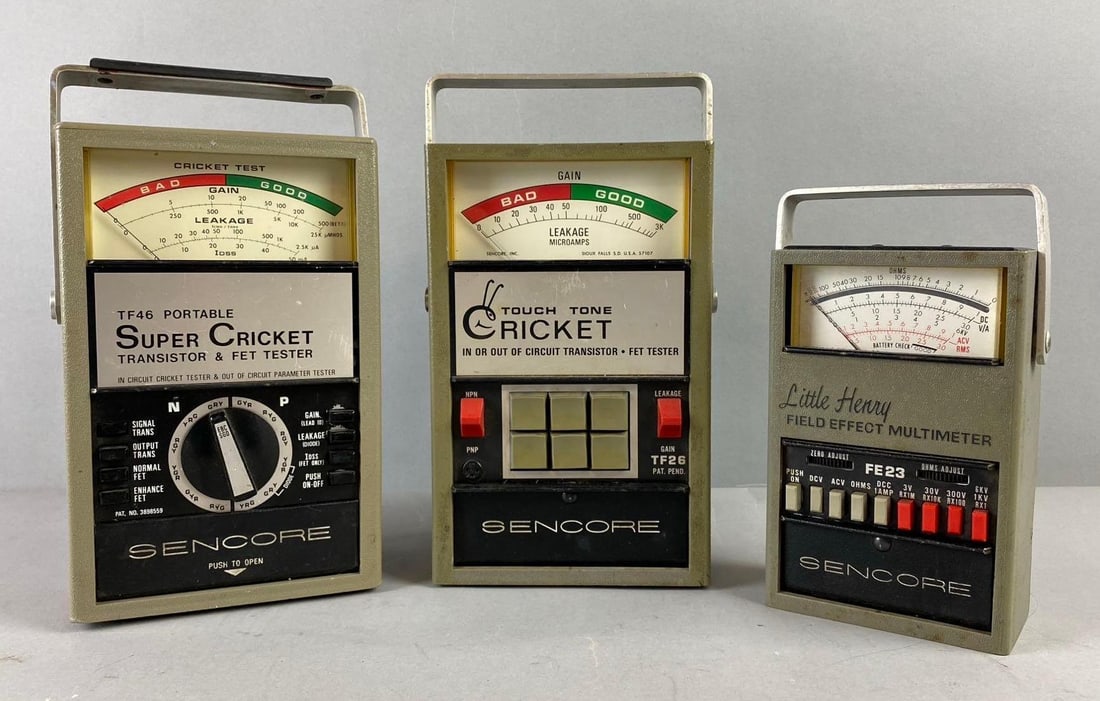Group of 3 Cricket Testers and More: Includes Super Cricket, Touch Tone Cricket, and Little Henry. Untested. Largest measure H 8 1/2 x W 3 x L 5 inches.