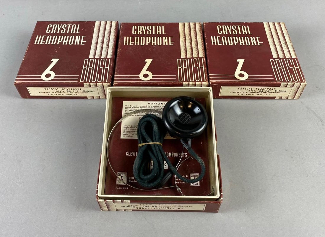 Group of 4 Crystal Headphone Accessories: Like new in original packaging. Mfg by Clevite Electronic Components Cleveland, Ohio. One box measures L 5 1/2 x W 5 1/2 inches.