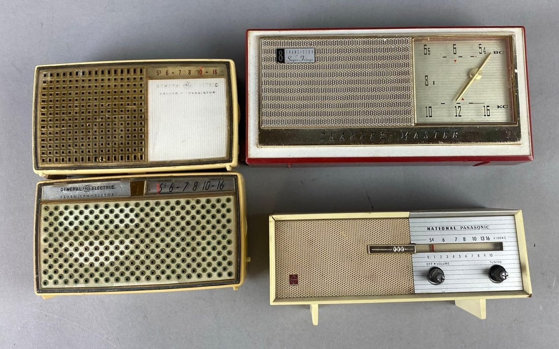 Group of Assorted Pocket Transistor Radios: Includes Panasonic, General Electric, and more. Untested. Largest measures al 8 1/2 x W 4 inches.