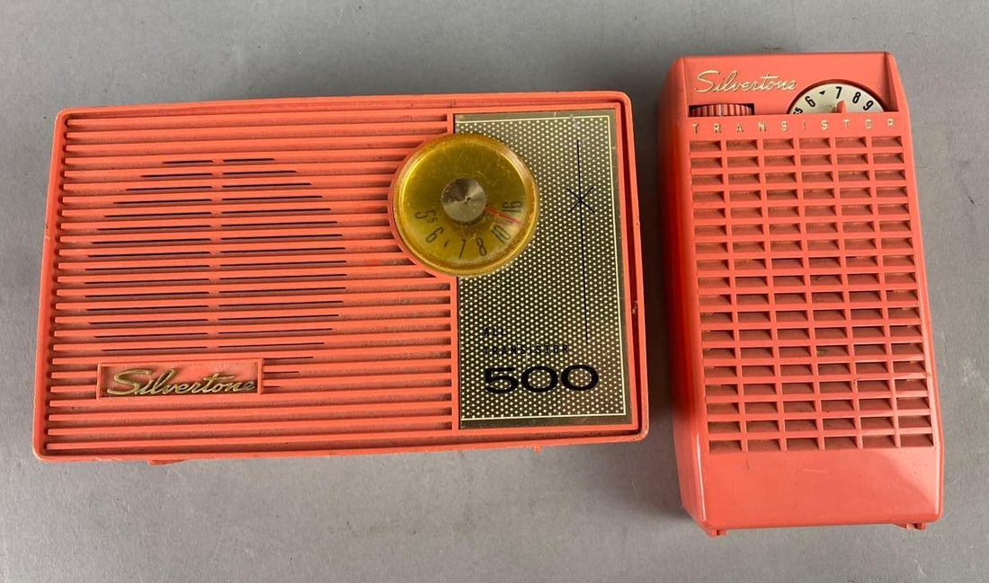 Group of 2 Silvertone Transistor Radios: Untested. Largest measures H 7 x W 2 x L 4 inches.