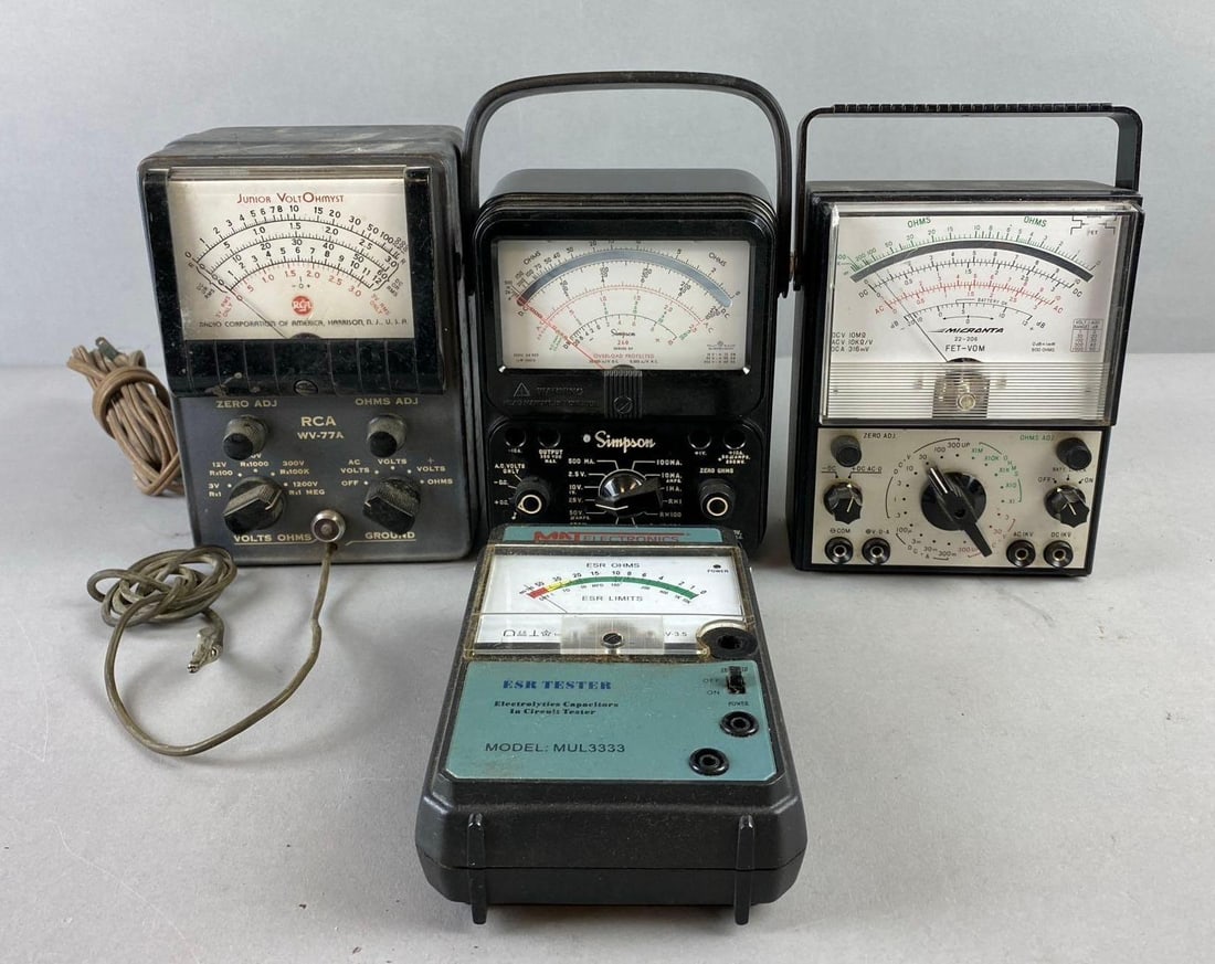Group of Assorted ESR Testers: Includes Simpson, RCA, Micronta, and more. Powers on. Largest measures H 7 1/2 x W 4 x L 5