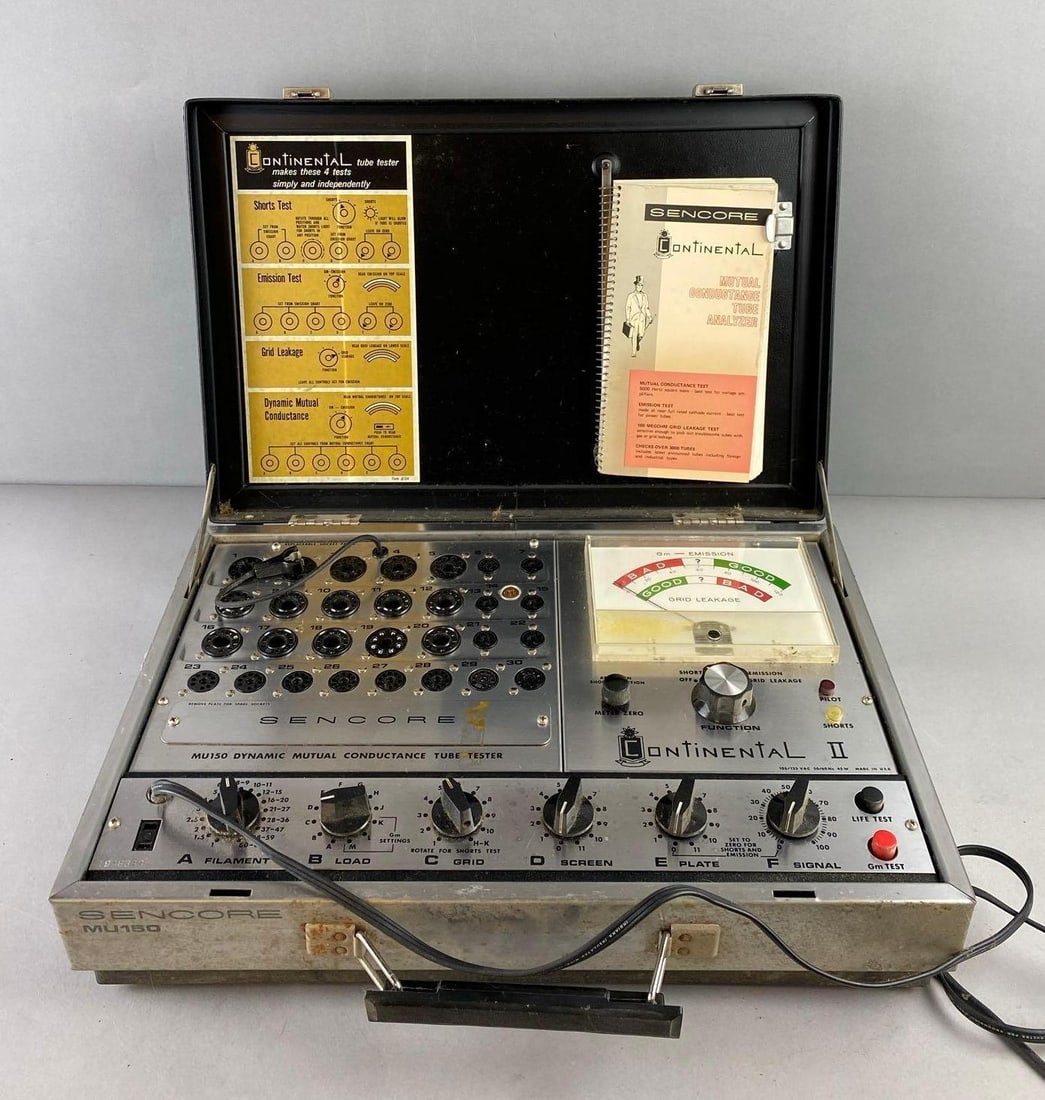 Continental 2 Tube Tester: Powers on. Measure H 5 x W 12 x L 17 1/2 inches.