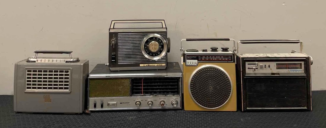 Group of Vintage Portable Radios: All untested, includes Aiwa transistor, JCPenney 8 track player, midland measures 5 1/2" x 14" x 8"