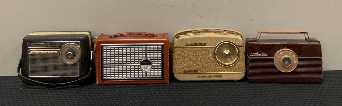 Group of Vintage Portable Transistor Radios: Untested, includes silvertone 800, Lissy, Columbia, largest measures 7 1/2" x 10" x 3 1/4"