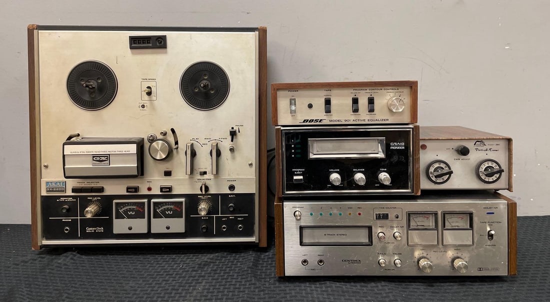 Group of Assorted Stereo Electronics: Includes vintage akai reel to reel, Bose, Craig, largest measures 17" x 17" x 8"