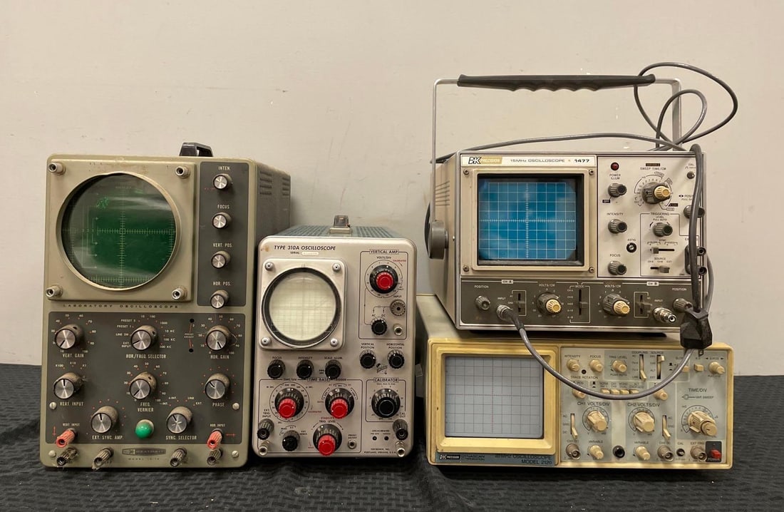 Group of Vintage Oscilloscopes: Untested, includes heathkit, B&K, tektronix, largest measures 14 1/4" x 8 3/4" x 17"