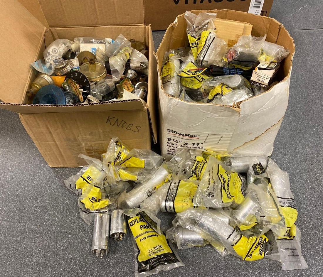 Big Group of Assorted Zenith Replacement Capacitors and More: Includes Replacement Knobs, Tubes, and More. Largest Capacitor measures 4” in length.