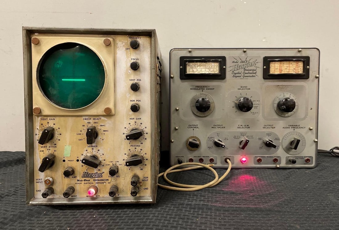 Group of 2 Vintage Hickok Electronic Instruments: 3rd party shipper recommended. Both powered on, oscillator measures 13 1/2" x 9 1/2" x 18 3/4"