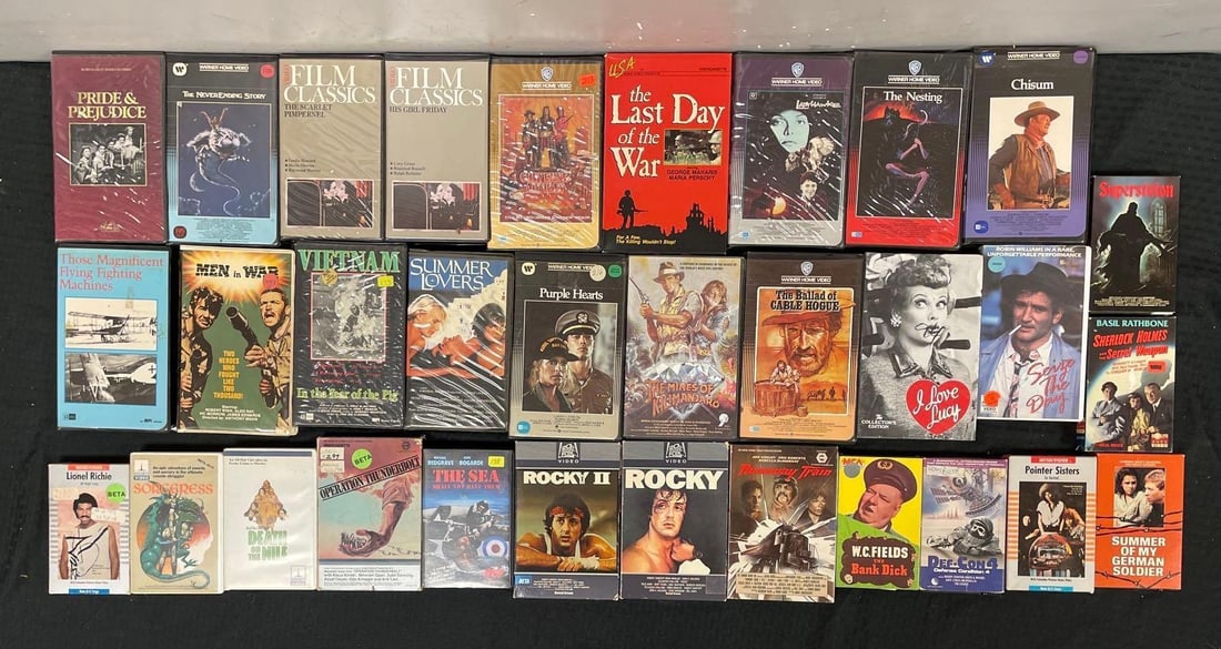 Group of VHS Cassettes: Includes film classics, Rocky I and II, I love lucy