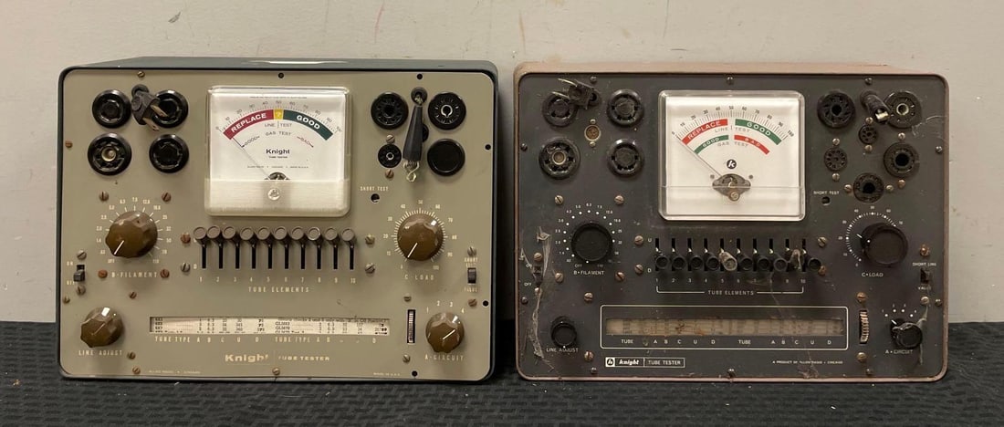 Group of 2 Vintage Knight Tube Testers: Both powered up, each measure 10 1/4" x 14" x 6"