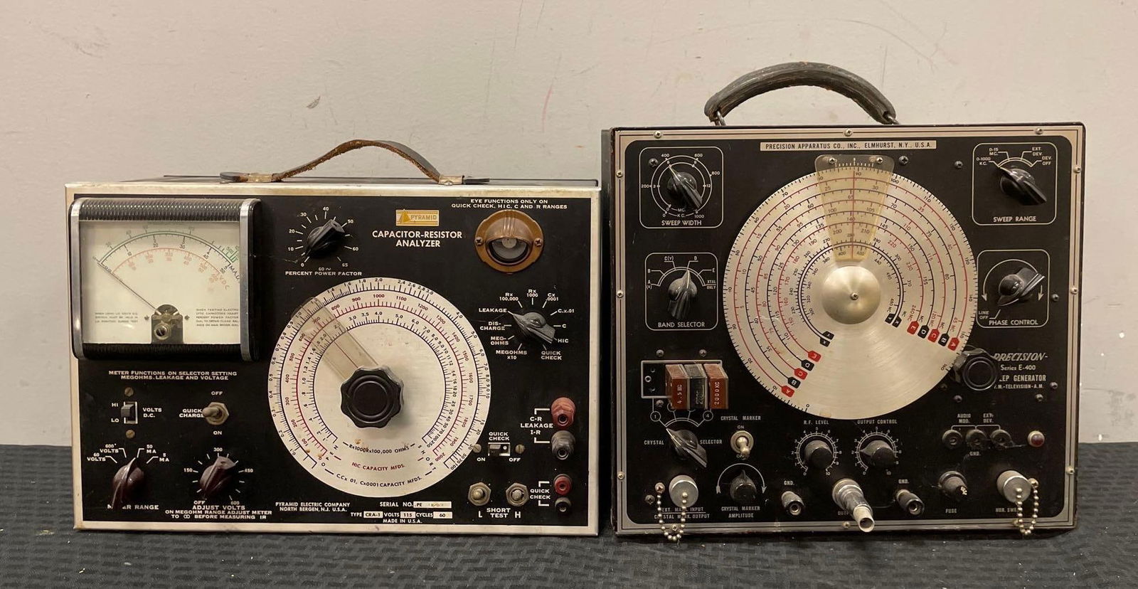 Group of 2 Vintage Electronic Equipment: Sweep generator powered up, unknown with analyzer, largest measures 12" x 12 1/4" x 7"