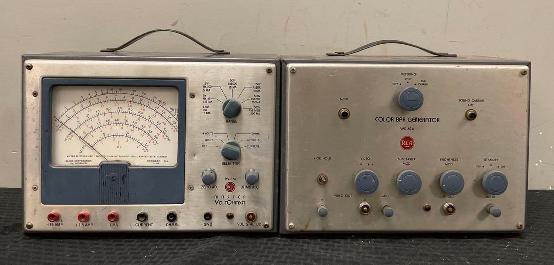 Group of 2 Vintage RCA Electronic Equipment: Color bar generator needs rewired, unknown working condition on voltohmyst, measures 10" x 13 1/2" x 7 1/2"