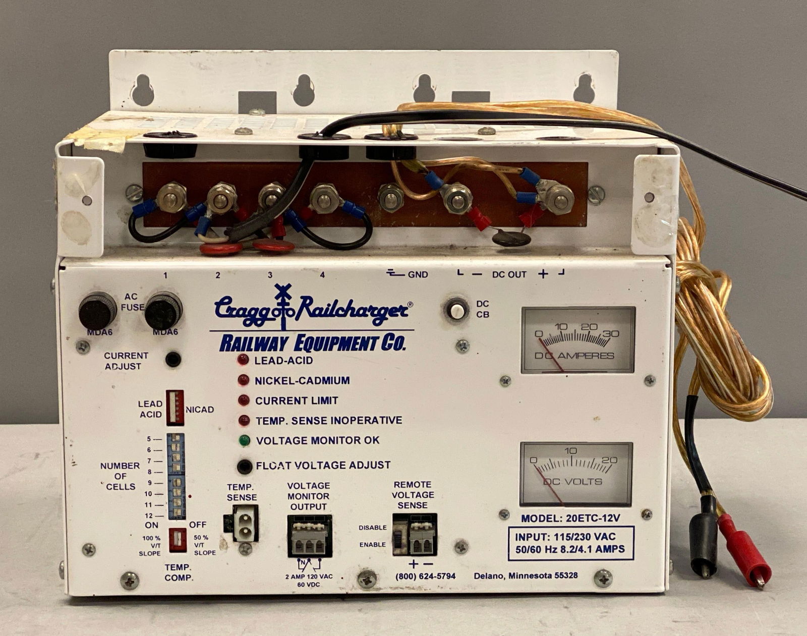Railway Equipment Craggo Railcharger Battery Charger: Powers on, model 20ETC-12V, measures 10” H xx12” W x 9” D
