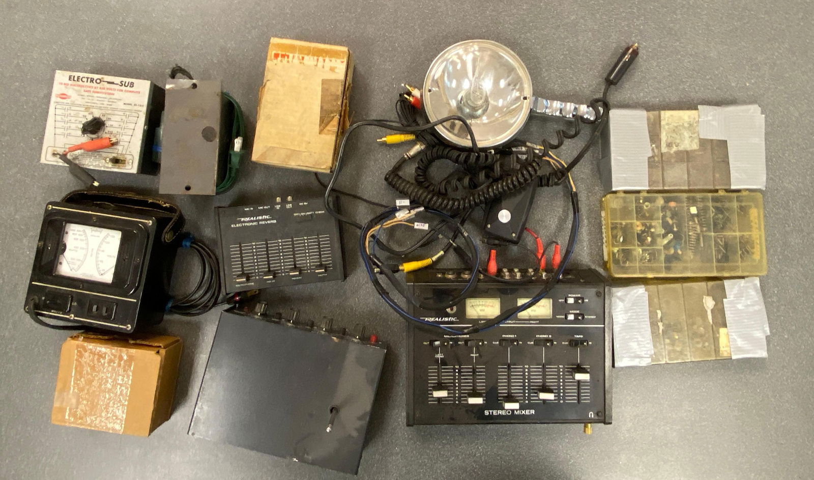 Group of Assorted Equipment and More: Includes lamp, reverb board, screws and more, largest measures 7” H x 10 1/2” W
