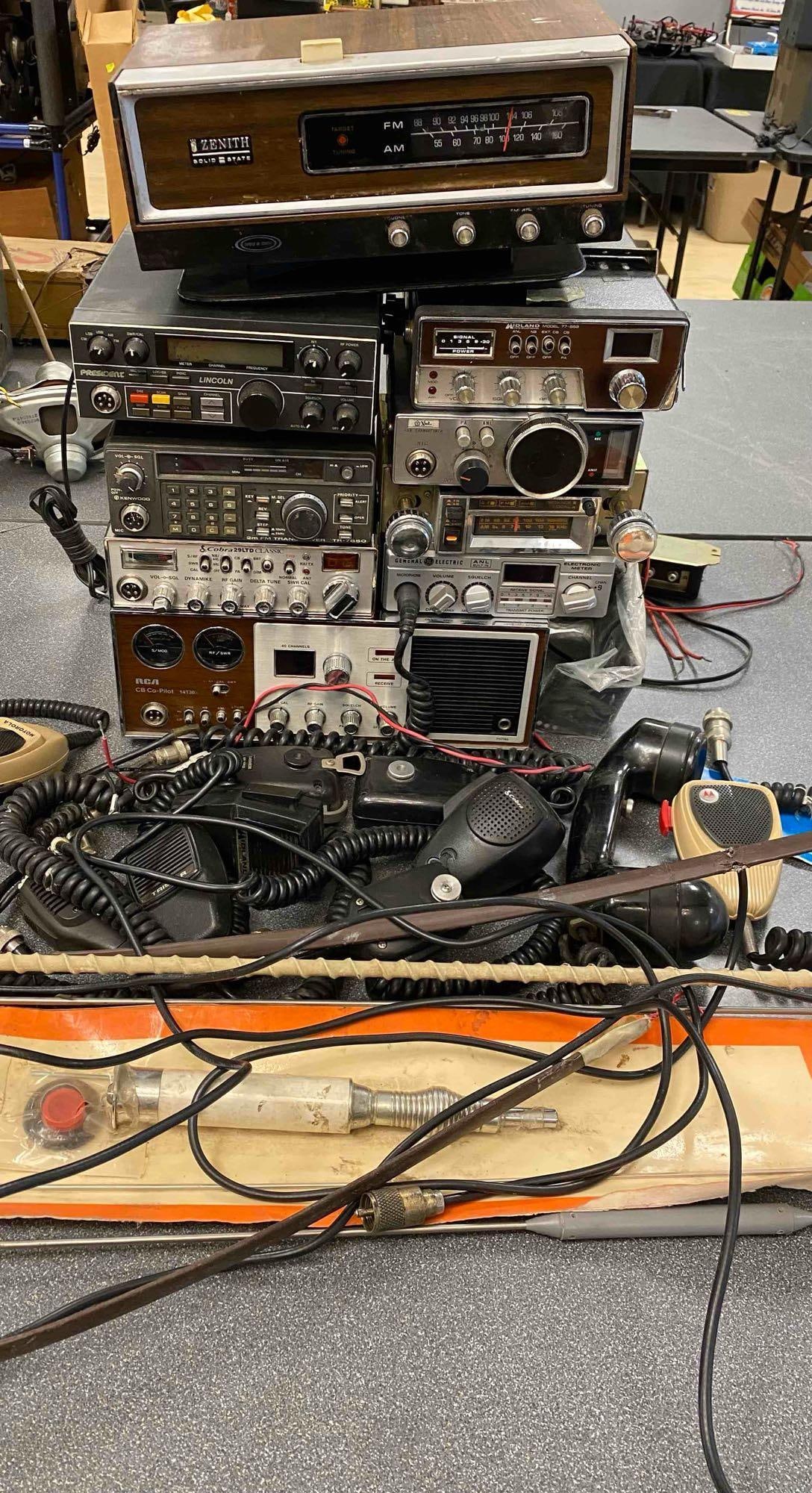 Group of Assorted Civilian Band Radios and More: Includes antennas, Kenwood, and more. Untested. Largest measures H 4 x W 9 x L 12 inches. Antenna measures 59” in length.