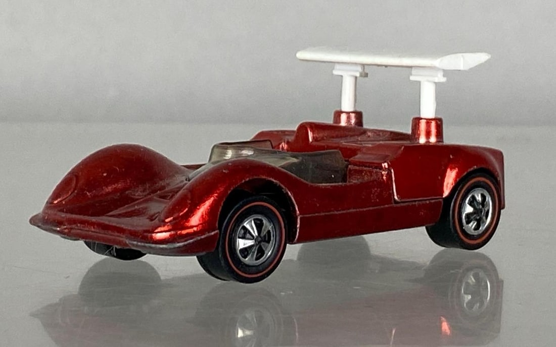 1968 Mattel Hot Wheels Redline Chaparral 2G: Die-cast, redline tires, made in US, clear windows, red paint