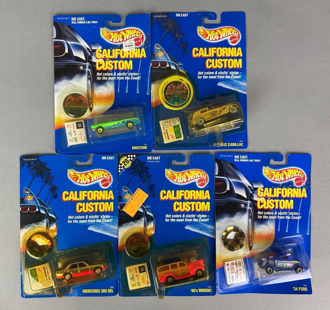 Group of 5 1989 Mattel Hot Wheels California Custom Cars: Sealed, Includes 40s Woodie, Classic Cadillac, Mustang and more