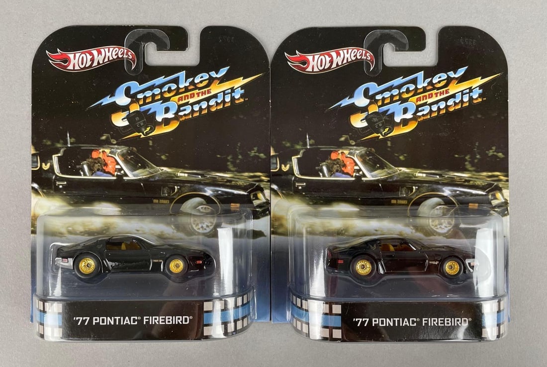 Group of 2 Smokey and the Bandit '77 Pontiac Firebird Die-Cast Cars: Mattel hot wheels, original packaging