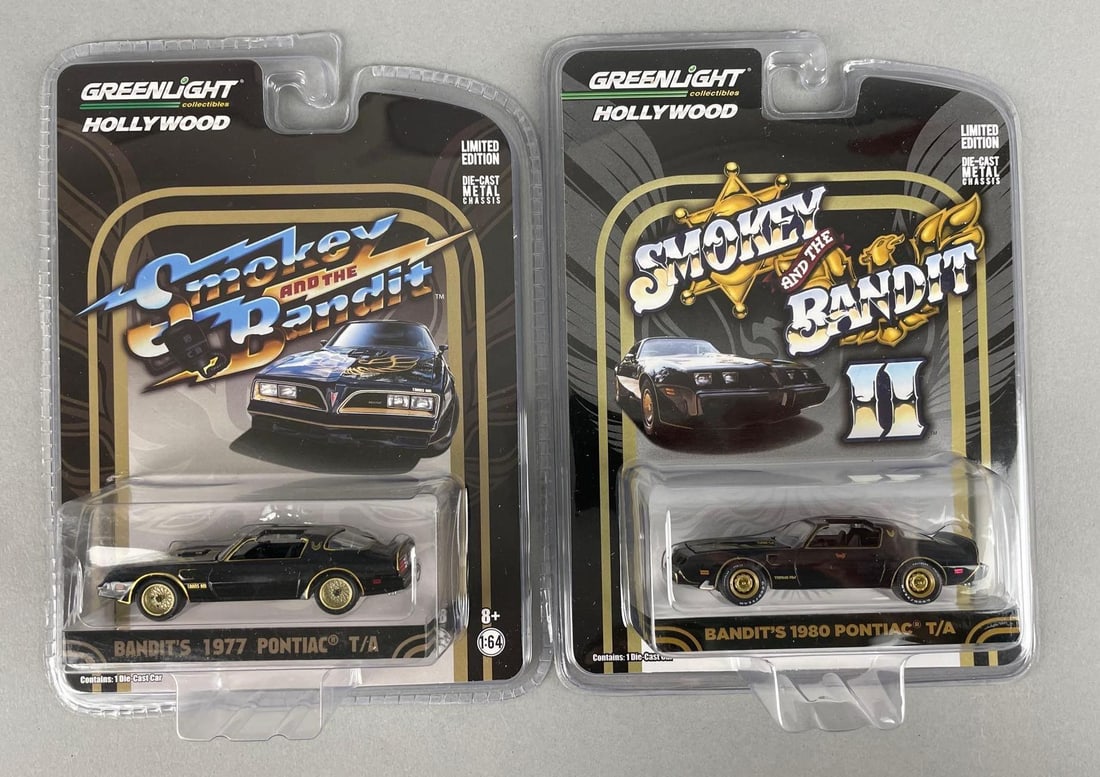 Group of 2 Smokey and the Bandit '77 and 80 Pontiac Firebird Die-Cast Cars: Greenlight Hollywood, limited edition, trans am