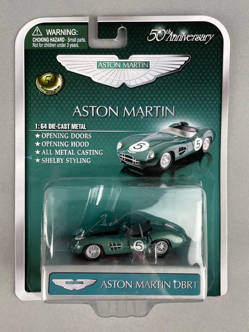 Shelby Collectibles 50th Anniversary Aston Martin DBR1 Die-Cast Car: 1/64 scale, original packaging