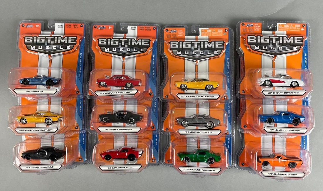 Group of Jada Big Time Muscle Die-Cast Cars: 1/64 scale, original packaging
