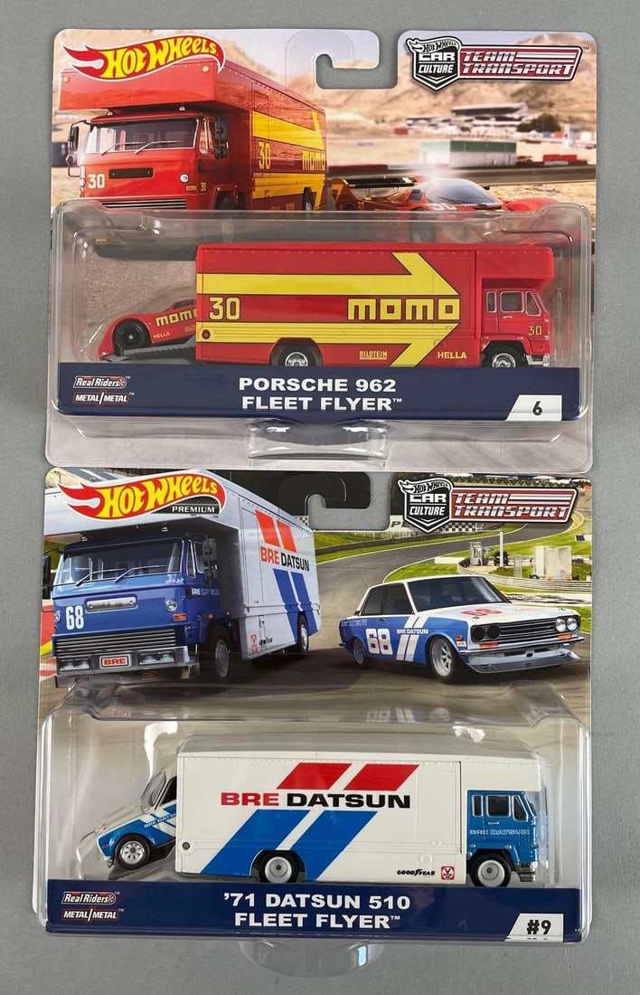 Group of 2 Mattel Hot Wheels Team Transport Die-Cast Vehicles: Porsche, Datsun, 1/64 scale
